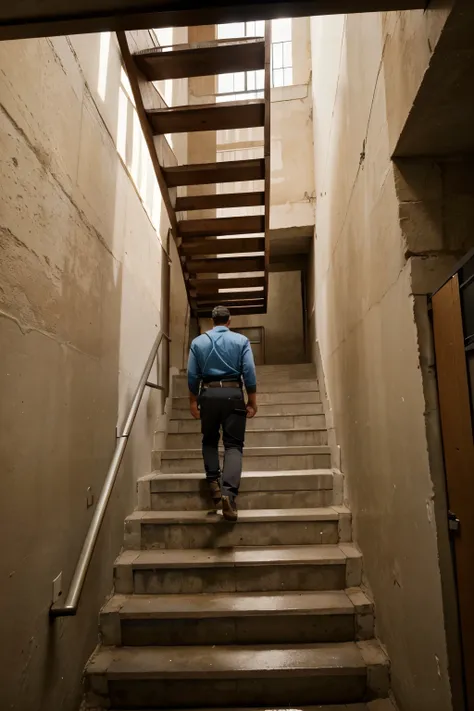 Un hombre en un pozo intentando salir, con muchas escaleras acostadas apiladas, en lugar de usarlas verticalmente, and above a man giving him another ladder