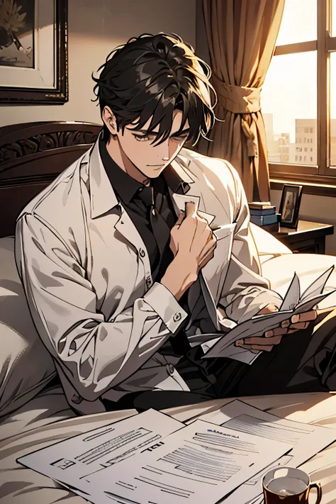 A handsome guy sitting on the bed in the hotel reading a letter，There was a pile of opened letters scattered around.，Frowning，Tears welled up in my eyes