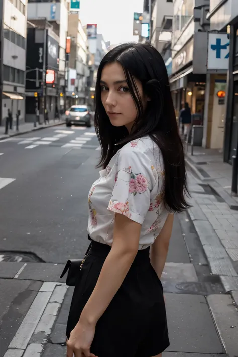 obra maestra, mejor calidad, Photo of a modern Caucasian European woman with straight black dark hair, ojos marrones detallados, and a floral shirt on the street Tokyo looking back with his hands raised forming a heart with his fingers anime