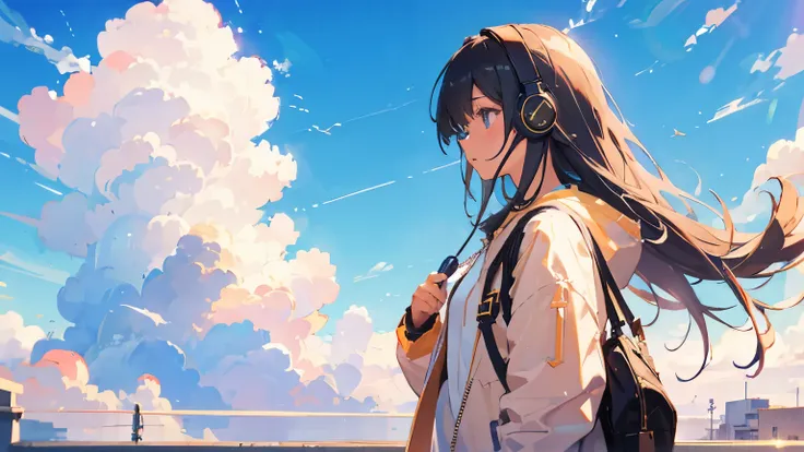 Cool girl, Headphone Long Hair　Sunny Sky　listening music　high resolution fores
