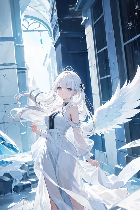 ((mejor calidad)), ((obra maestra)), (detallado). Girl. White hair. Blue eeyes. Clothes white. Angel wing. Beauty. House. Neutral expresion.  Long hair. Long Dress. Ice. 