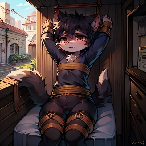 small furry dressed as a thief that is tied up