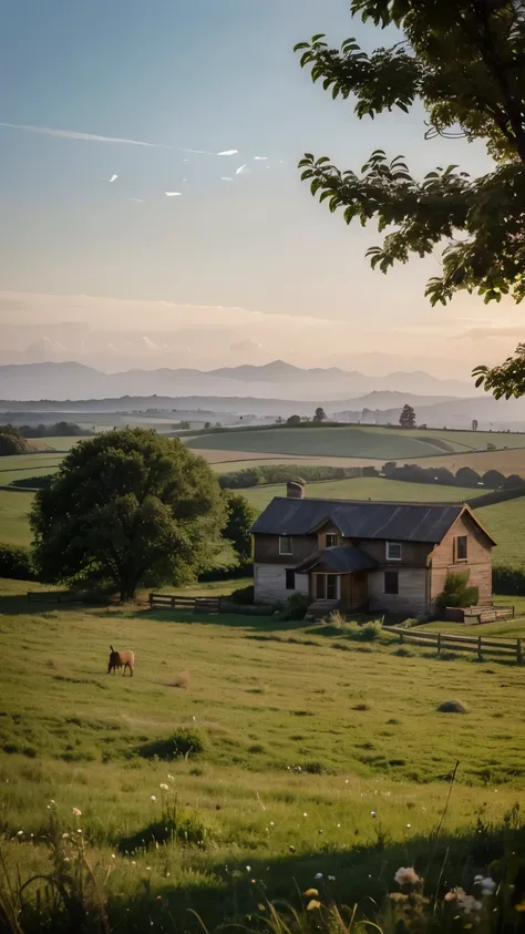 The image evokes a sense of serenity and tranquility, a welcome escape from the stresses and strains of modern life. The soft, muted tones of the color palette contribute to the overall feeling of calm and relaxation. The presence of the farmhouse adds a t...