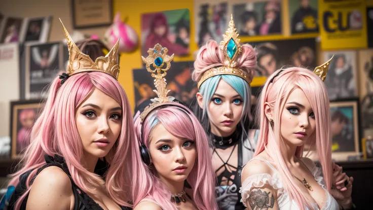 araffe girl with pink hair and a crown on her head, dressed in punk clothing, dressed in crustpunk clothing, anime girl cosplay,...