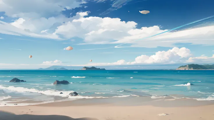 Mountain peak far from the beach, Beach, (A huge amount of shells: 1.5), The sky is represented by space, You can see the big planets too., Rich colors, High chroma, Cinema Lighting, beautiful, Vibrant and sunny animated movie stills, Ghibli style, - At si...