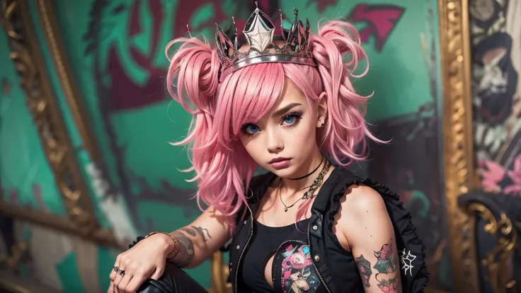 araffe girl with pink hair and a crown on her head, dressed in punk clothing, dressed in crustpunk clothing, anime girl cosplay, cybergoth, wearing a punk outfit, kerli koiv as anime girl, 1 7 - year - old anime goth girl, belle delphine, anime cosplay, wi...