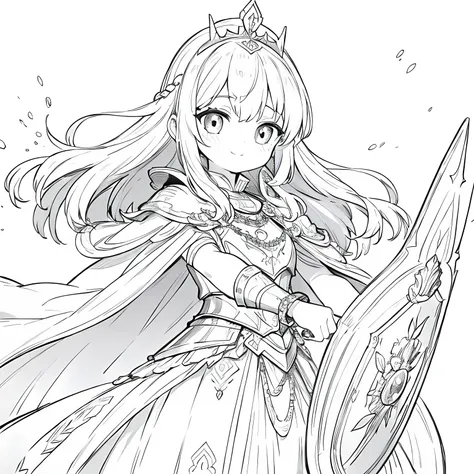 Line art background, background, Monochrome, Line art, ((sketch)),Highest quality,masterpiece,monochrome,Lineart,single color,Create a detailed coloring page,Girl、Big eyes、Beautiful and elegant armor、Plate Armor、Chainmail、Cape、Cape、Small Crown、tiara、Amulet...