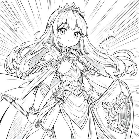 Line art background, background, Monochrome, Line art, ((sketch)),Highest quality,masterpiece,monochrome,Lineart,single color,Create a detailed coloring page,Girl、Big eyes、Beautiful and elegant armor、Plate Armor、Chainmail、Cape、Cape、Small Crown、tiara、Amulet...