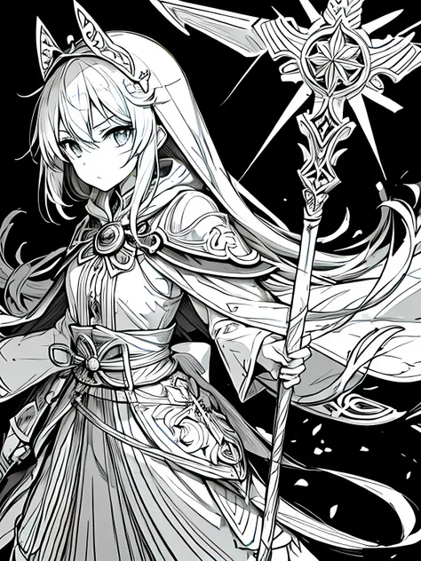 Line art background, background, Monochrome, Line art, ((sketch)),Highest quality,masterpiece,monochrome,Lineart,single color,Create a detailed coloring page,Girl、Big eyes、Long Robe、Cape、Sacred costume、Hooded、mysterious、cross、prayer book、belt、Stall、Combat ...