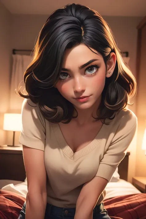 1garota de 18 anos, with curly hair and dark skin sitting on the bed in her dark room and you can see how the smoke comes out of her mouth... Have a serious expression on your face