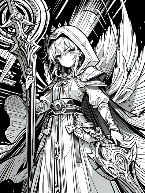 Line art background, background, Monochrome, Line art, ((sketch)),Highest quality,masterpiece,monochrome,Lineart,single color,Create a detailed coloring page,Girl、Big eyes、Long Robe、Cape、Sacred costume、Hooded、mysterious、cross、prayer book、belt、Stall、Combat ...