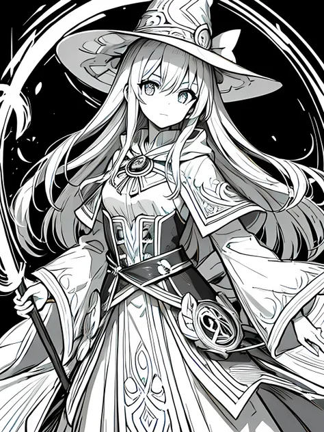 Line art background, background, Monochrome, Line art, ((sketch)),Highest quality,masterpiece,monochrome,Lineart,single color,Create a detailed coloring page,Girl、Big eyes、A long robe with wide sleeves and a hem、Large hood、Pointed hat、Mysterious Aura、A clo...