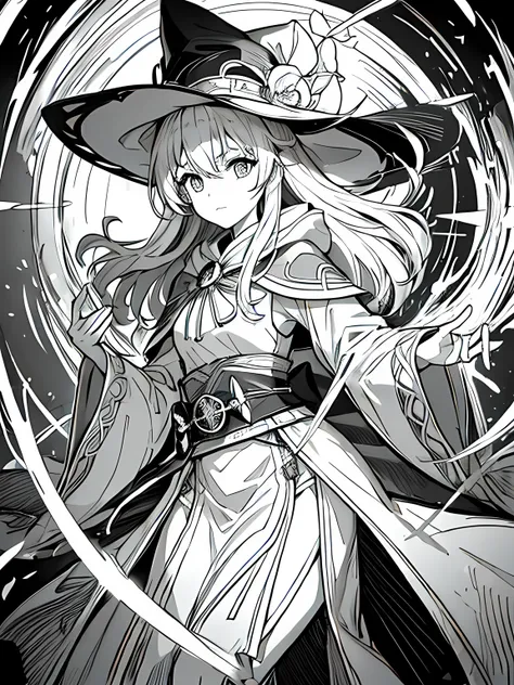 Line art background, background, Monochrome, Line art, ((sketch)),Highest quality,masterpiece,monochrome,Lineart,single color,Create a detailed coloring page,Girl、Big eyes、A long robe with wide sleeves and a hem、Large hood、Pointed hat、Mysterious Aura、A clo...