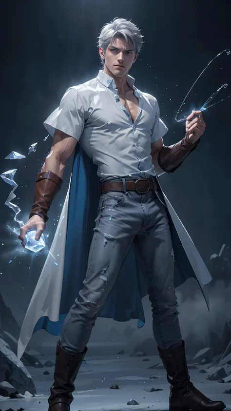 design 1wizard man throwing a ice beam. young man with ice  cape.light gray hair gray eyes wearing a white button-down shirt wea...