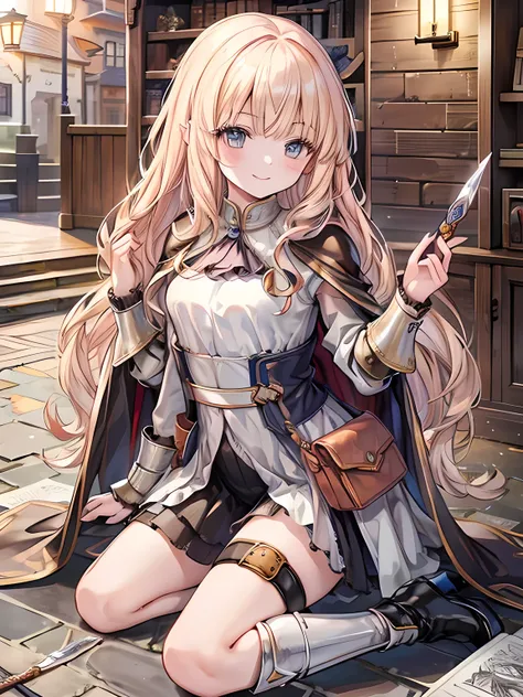 Highest quality,masterpieceCreate a detailed coloring page,Leather Armor、Cloth clothing、Hooded cloak、Sober design、Pouch、belt、boots、dagger、Dagger、Stiletto、Small Crossbow、throwing knife、Thief,smile