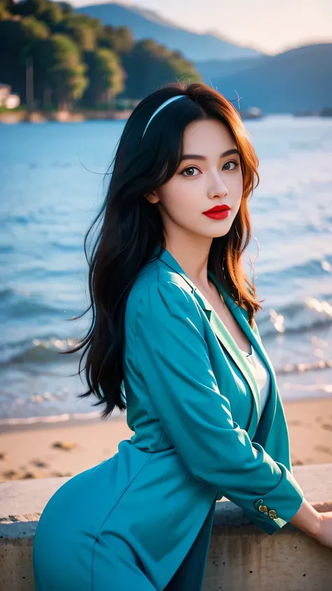 Realiy,Camera to take pictures,European and American face,tmasterpiece,best qualityer,highest quality,realisticlying,perfectanatomy,perfectface,Perfect eyes,long eyelasher,largeeyes,eye glass,Red lips,lipstick,Business suit,1girll,solo,(Green long hair),s...