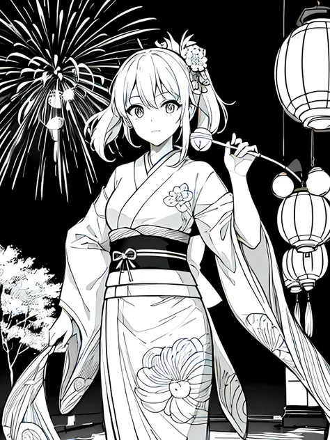 create a coloring page with a white background showing a japanese festival at night with fireworks in the sky and lanterns hangi...