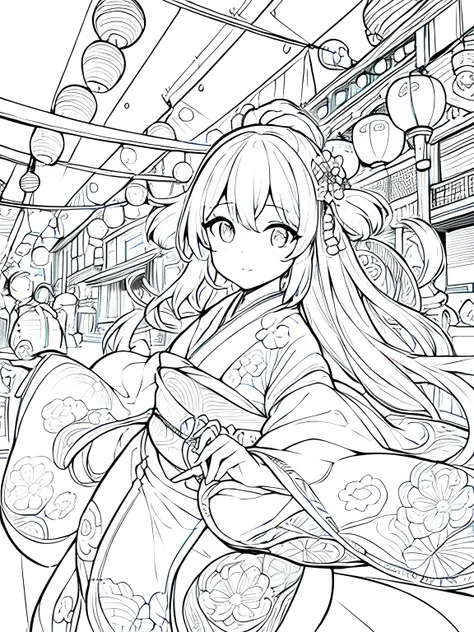 Create a coloring page with a white background showing a Japanese festival at night with fireworks in the sky and lanterns hanging around. The scene should have distinct outlines of people, stalls, and decorations, suitable for coloring.Create a coloring p...