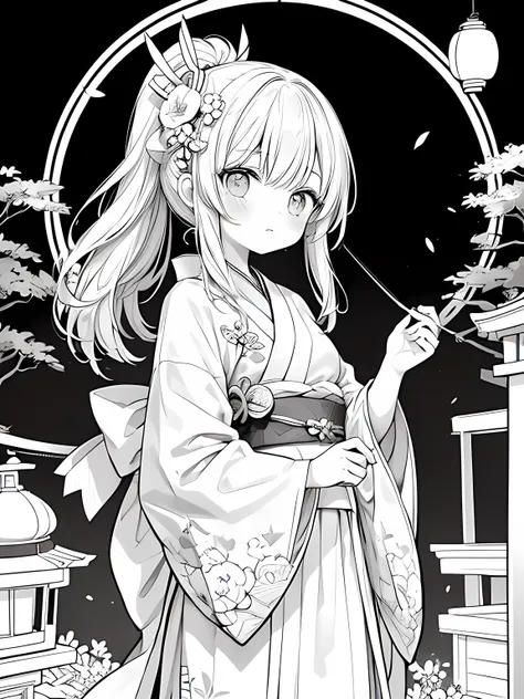 Create a coloring page with a white background showing a Japanese festival at night with fireworks in the sky and lanterns hanging around. The scene should have distinct outlines of people, stalls, and decorations, suitable for coloring.Create a coloring p...