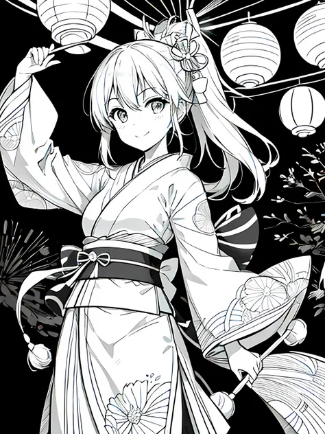 create a coloring page with a white background showing a japanese festival at night with fireworks in the sky and lanterns hangi...