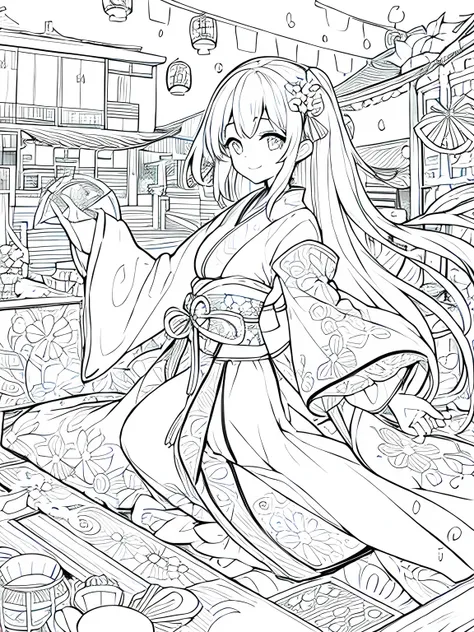 Generate a coloring page with a white background depicting a nighttime Japanese festival where people are playing a goldfish scooping game. Include elements like lanterns, festival stalls, and the goldfish scooping pool, all with clear and bold outlines.Cr...