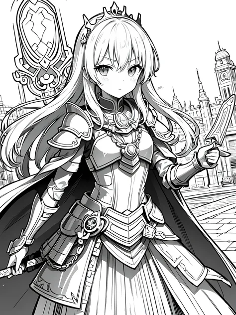 Line art background, background, Monochrome, Line art, ((sketch)),Highest quality,masterpiece,monochrome,Lineart,single color,Create a detailed coloring page,Pitiful、Girl beautiful and elegant armor、Plate Armor、Chainmail、Cape、Cape、Small Crown、tiara、Amulet、...