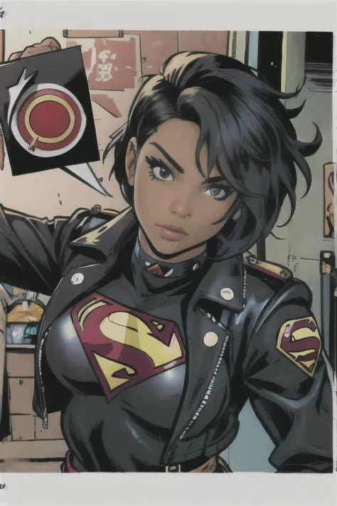 close-up, girl with short black hair, dark skin, black eyes, black shirt with red superman symbol, wearing a black leather jacke...