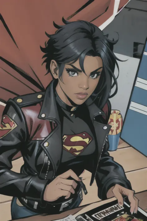 close-up, girl with short black hair, dark skin, black eyes, black shirt with red superman symbol, wearing a black leather jacke...