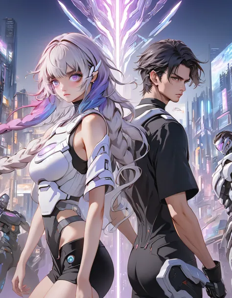 （Boys and Girls）, Back to Back，(Very detailed CG unified 16k wallpaper:1.1), (Denoising Strength: 1.45), Beautiful and delicate eyes, Mecha coverage, Dark purple with white hair, Fluorescent violet, rose red eyes, The background is a beautifully detailed c...