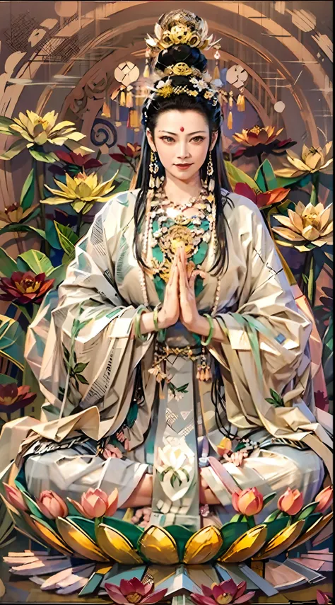 （chinese immortals）, （buddhism）, multiple_hand，（mythology）, （buddha）, 她sitting on the lotus, （左边有三只hand，右边有三只hand, 每只hand都拿着不同的佛...