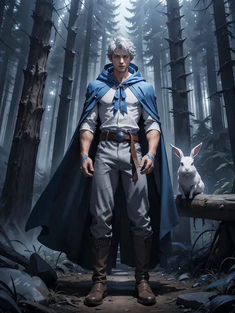 design 1wizard man conjuring rabbits. young man with a hooded cape.light gray hair gray eyes wearing a white shirt wearing blue ...