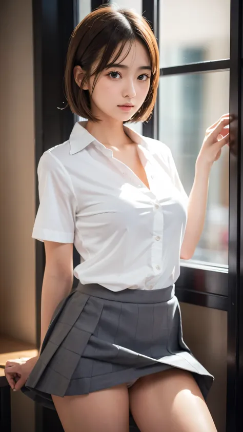 Lift up the skirt:1.3, Hold down the skirt:1.3, Show her panties:1.3, Side tie panties:1.3 Shirt front opening:1.2, Cleavage:1.1 (Very short hair:1.2), (Professional portrait, Realistic and perfectly shaped subjects:1.3), (masterpiece, highest quality:1.2)...