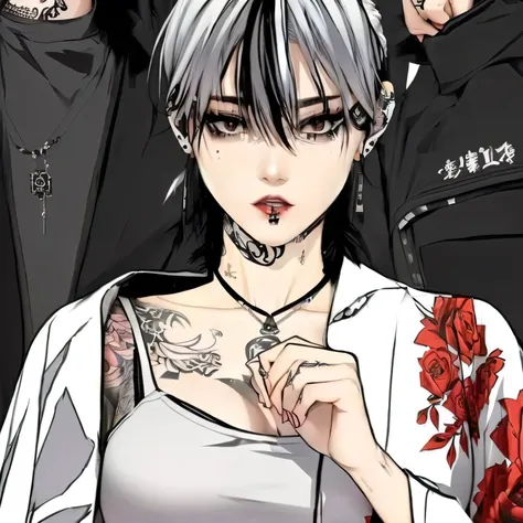 anime characters with tattoos and piercings posing for a picture, anime character; full body art, style windbreaker, manhwa, she...