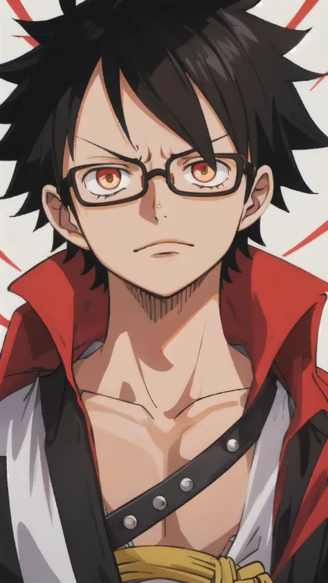 Monkey D. Luffy, in an enchanting pixel art, showcasing the top quality and best detailing. (Close-up of the head with a determined look, Black color spiky hair, eye glass framing his youthful eyes, short detailed hair strands making a mess around his head...