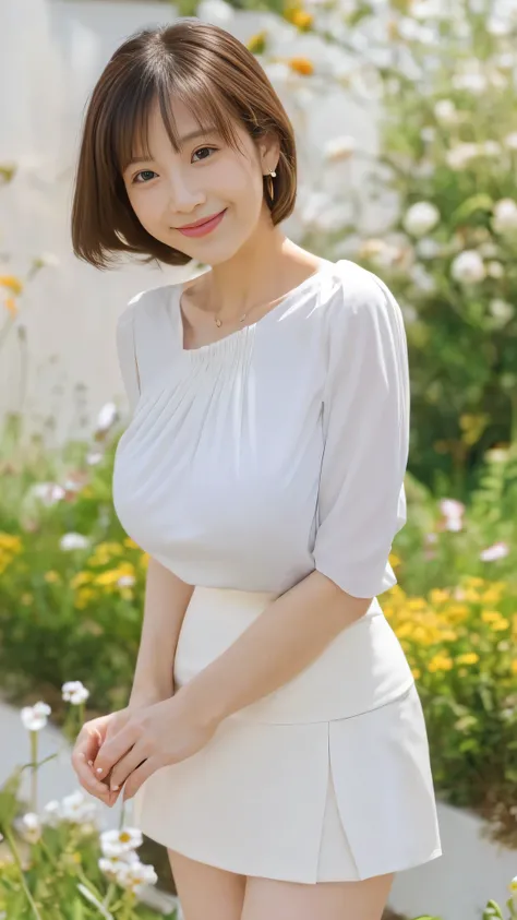 (8k, best quality, masterpiece, golden ratio composition,:1.3), (beautiful Japanese mature woman in her 30s), (huge breasts:1.5), (wearing a light white blouse and a mini skirt that matches the June season:1.5), smiling outdoors with a bright background