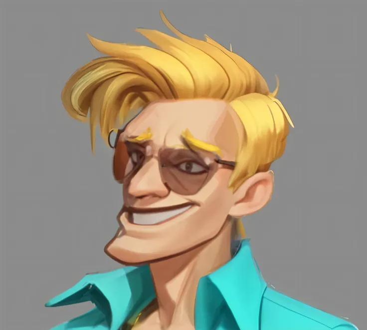 Blonde haired man，Bad expression，Arrogant，good at，Wearing tan sunglasses