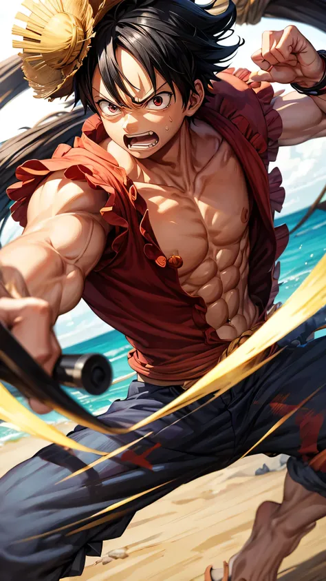 Create Luffy，wearing hat，Full body like，Punching action，without background，黑The eye，Cool expressions，robust，Broken clothes，delicated，photorealestic