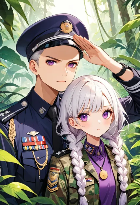 Vector illustration，A cool young couple，serious， officer，Purple Eyes，girl，Purple Eyes，White hair-purple-long braids。 Camouflage，medal，jungle，vegetation，lush，Live SOS，salute，