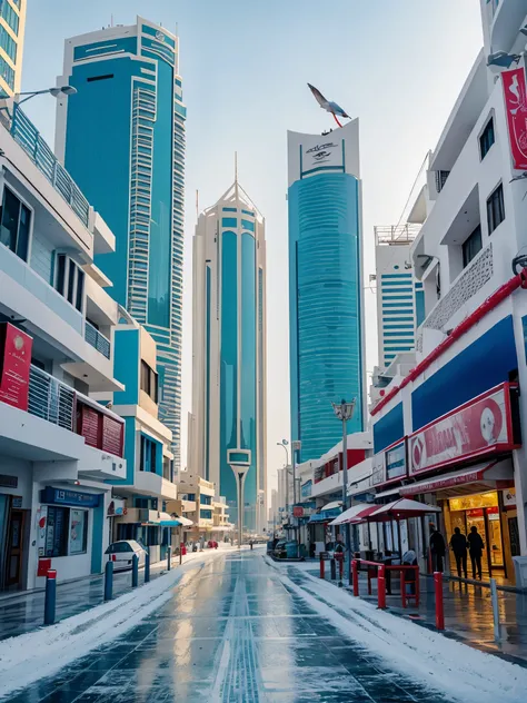 Future Cities in the Kingdom of Bahrain, Manama, There are snowflakes in winter, Bright colors, white and blue, cold, 4k, Practical,Beautiful and stunning artwork,Overlooking，Bird&#39;s eye view