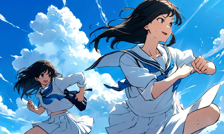 Vast blue sky,Very detailed, delicate and dynamic,A big smile,Super quality, 16k,Student bag,Black Hair,A high school girl runs through the blue sky,White cloud,running,Sailor suit,uniform,youth,,Blue sky,cloud, Wind-effect, background,Sideways dash,Sweat,...