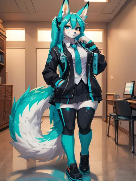 Miku Hatsune, 30 years old women, mommy, alta definicion, orejas de kitsune, college girl, full body HD image