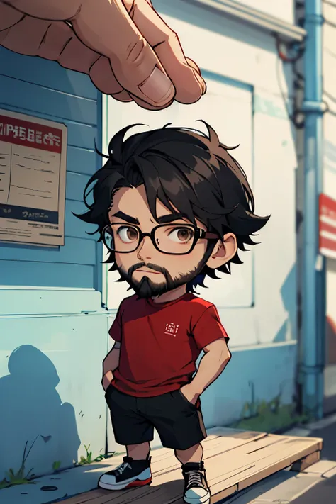 chibi character man who has short black hair, who has brown eyes, who has a beard, who wears glasses who wears a red shirt, black pants