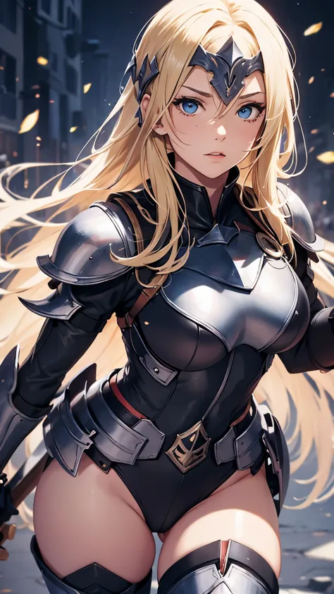 Outside the grassland、1 30-year-old female、Blonde long hair、Knight Commander、leotard、bodysuit,Put on a helmet、(Holding a sword、Claymore Great Sword),She is fighting monsters