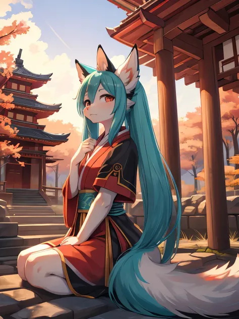 Hatsume miku,alta definicion, orejas de kitsune, vestimenta de sacerdotisa feudal japonesa, japanese temple forest landscape