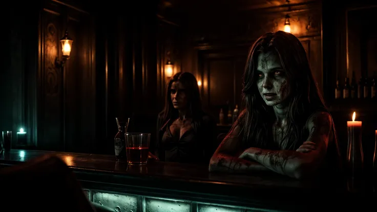 visages sombre feminin de zombie sanglant occult qui sourie dans un ambiance de bar sombre et tamise 