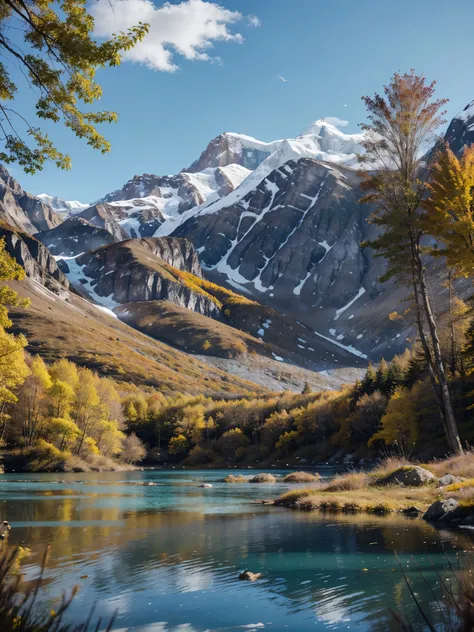 Please create a high-quality image with advanced levels of detail in a cinematic style, with realistic details. The scene should feature a landscape of snow-capped mountains, a glacier-blue lake, and some autumnal trees with yellow leaves.