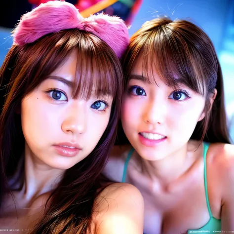 Identical twin sisters、Instagram model from another dimension, by 2 person, Imaginative, Metaphysical, Whimsical, Anaglyph Style, 1 Japan, Cute Face, 18-year-old,