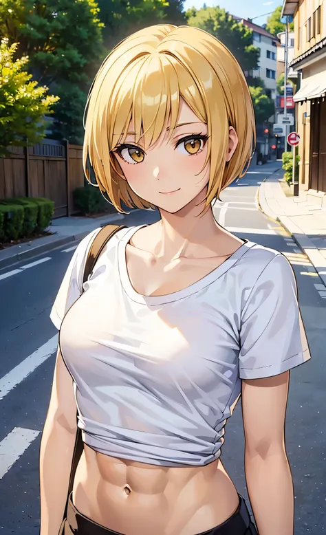 masterpiece, best quality, ultra detailed, ultra high resolution, very detailed face, anime, slanting angle, ((solo)), (((girl, golden short hair))), ((t-shirt, short skirt)), medium breast, slender body, (six pack abs:1.25), shoulder bag, little smile, wa...