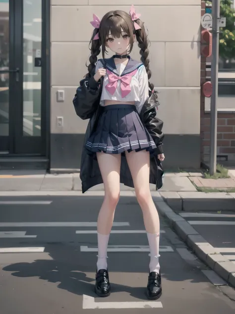 1girl, solo, looking at viewer, skirt, brown hair, shirt, long sleeves, bow, twintails, brown eyes, , full body, shoes, socks, sailor collar, black footwear, twin braids, cosplay, blue bow, white socks, pink skirt, photo background, pink sailor collar