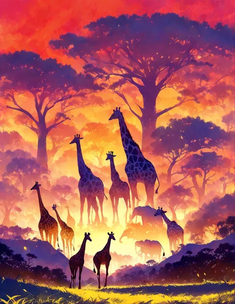 Award-winning art depicting a wild safari landscape at sunrise. Use bold, Fauvist colors such as intense oranges, reds, and purples to paint the sky, with vigorous brushwork creating dynamic textures in the grasslands and acacia trees. Capture the silhouet...